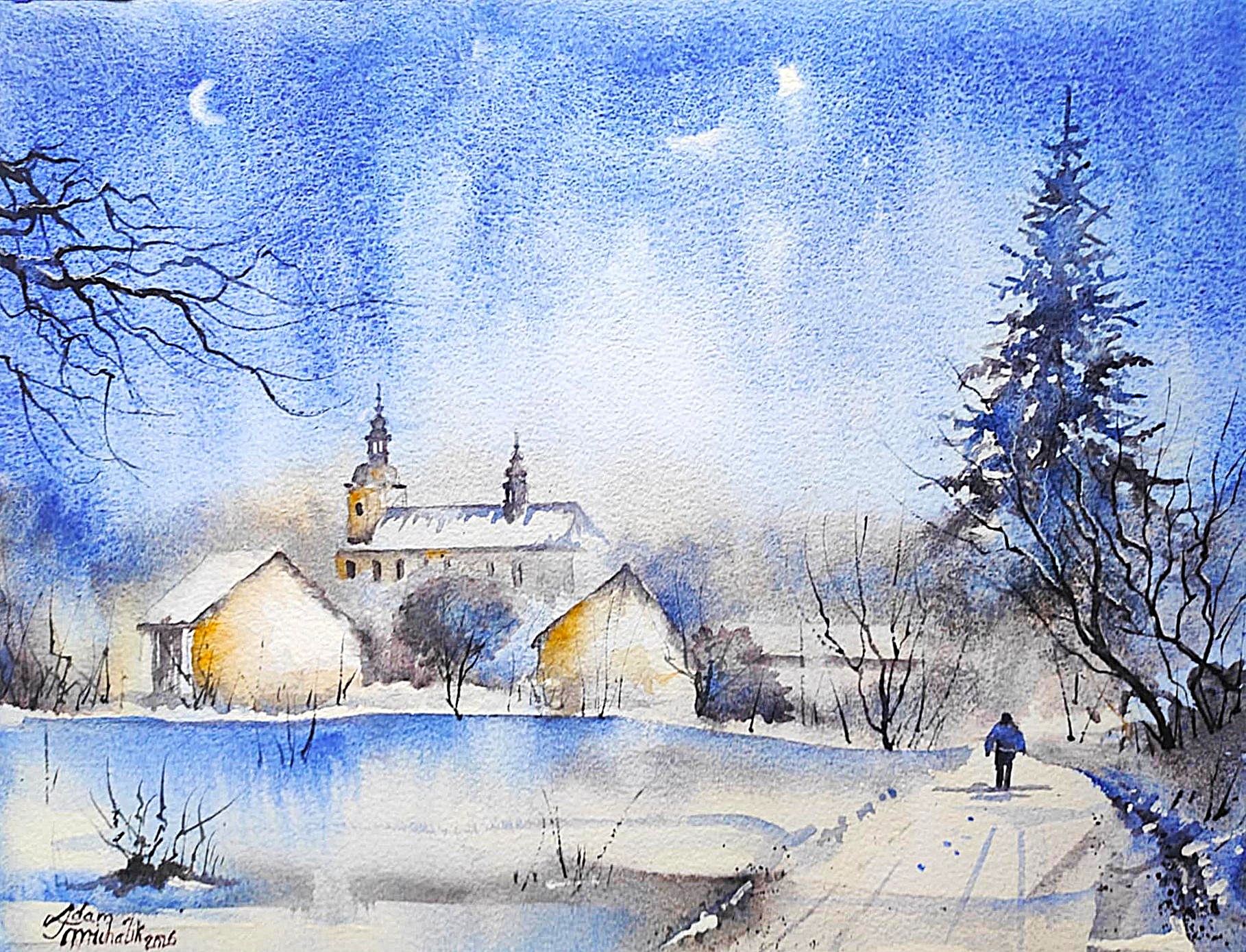 Zimowe Opactwo Cystersów w Jemielnicy – akwarela - obrazek 3